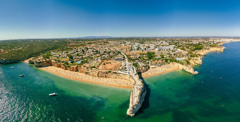 Naklejka premium Aerial drone panoramic views of Praia Nova and Praia de Nossa, Algarve, Portugal