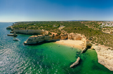 Obraz premium Aerial drone panoramic views of Praia Nova and Praia de Nossa, Algarve, Portugal
