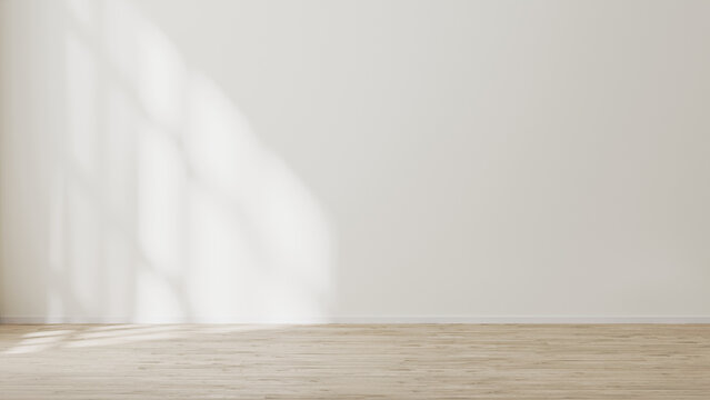 empty wall mock up, empty room with white wall with sunlight and shadows, wooden floor, 3d illustration