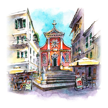 watercolor church building street scene clip art preview