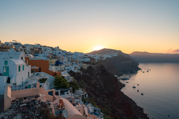 Sunrise landscapes of the village Oia in Santorini Island in Greece