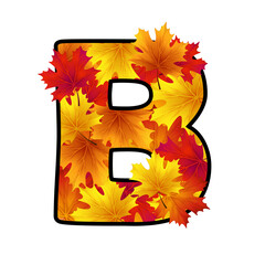 The letter B with red, yellow, orange maple leaves with black border isolated on white background. Vector Holiday illustration for postcard, banner, cards, web, design, advertising.
