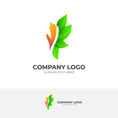 leaf and hand logo design template combination, 3d color style