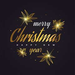 Fototapeta na wymiar Merry Christmas and Happy New Year Banner or Poster with Golden Flowers. Elegant Christmas Greeting card in Black and Gold