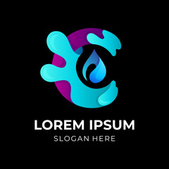 C logo with water drop design illustration, 3d blue and purple color style