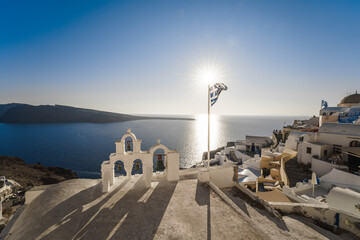 Sunset landscapes of the village Oia in Santorini Island in Greece