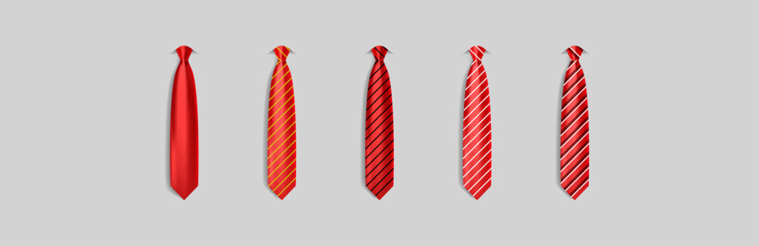 Set different red ties isolated on gray background. Colored tie for men. Vector plain illustration