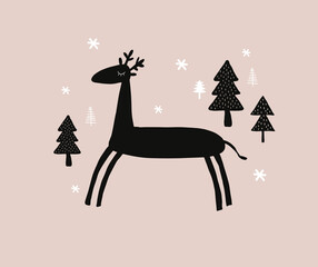 Hand Drawn Vector Illustration with Cute Deer Among Trees and Snowflakes. Infantile Style Christmas Print ideal for Wall Art, Poster, Card. Black Funny Moose Isolated on a Light Brown Background.