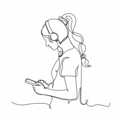 Continuous one single line drawing of woman listening to music on stereo headphones in silhouette on a white background. Linear stylized.