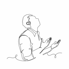 Continuous one single line drawing of man praying for thank God in silhouette on a white background. Linear stylized.