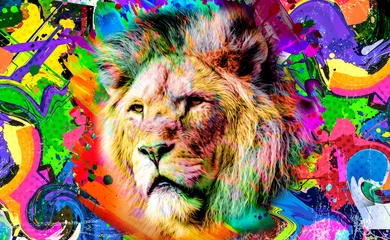 Foto op Canvas Colorful artistic lioness muzzle with bright paint splatters on dark background  © reznik_val