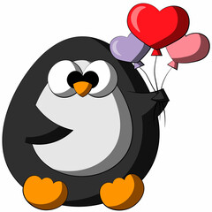 Cute cartoon Penguin with ballon in form heart. Draw illustration in color