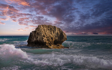 Fantastic seascape with waves crashing onto rocks. Corfu island, Greece.
