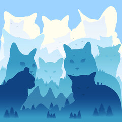Mountain landscape. Mountains in the form of cats. Mountains, trees, birds and clouds. Vector illustration.