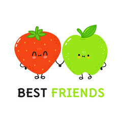 Card with cute happy strawberry and apple. Vector hand drawn doodle style cartoon character illustration icon design. You are berry sweet card with cute happy strawberry and apple