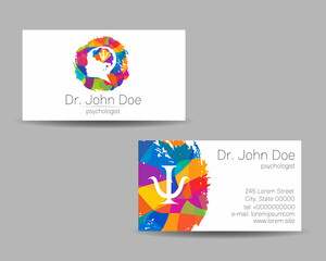 Psychology Vector Business Visit Card with Letter Psi Psy and Human Head in Profile. Modern logo Creative Colorful Rainbow style. Child Silhouette Design concept for Branding Identity - obrazy, fototapety, plakaty