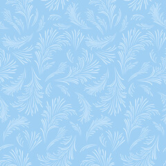 Winter blue background. Seamless pattern with icy frosty ornament. Vector flat illustration.
