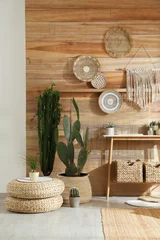 Fotobehang Boho Room interior with stylish decor and console table  © New Africa