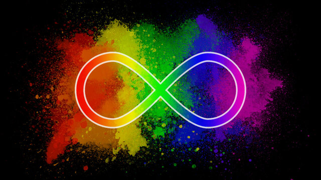 Rainbow infinity symbol with artistic paint splatter.
The rainbow-colored infinity symbol represents the diversity of the autism spectrum as well as the greater neurodiversity movement.