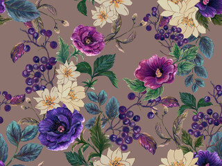 Beautiful fall winter deep blooming  flowers ,berries in the winter season seamless pattern design isolated on mauve gray color © HoyaBouquet