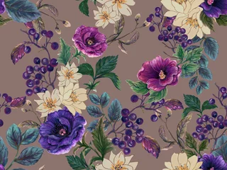 Poster Beautiful fall winter deep blooming  flowers ,berries in the winter season seamless pattern design isolated on mauve gray color © HoyaBouquet