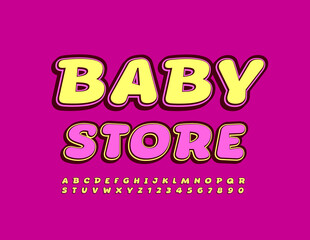 Vector colorful Banner Baby Store. Bright Kids 3D Font. Artistic Alphabet Letters and Numbers.