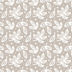 White tree Branches with Leaves on grey beige background. Floral seamless pattern. Abstract contour Plant, Twigs. Vector fashion texture for textile print, fabric, wrapping, gift paper, invitation