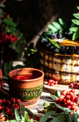 Tea on the autumn table. Cosy home atmosphere.