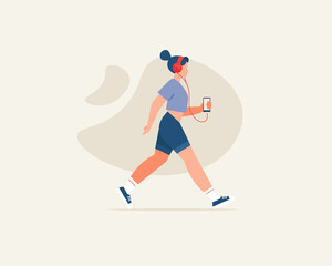 Young woman character walking outside with headphone, listening to music, audio books, podcast on background. Vector illustration cartoon flat style