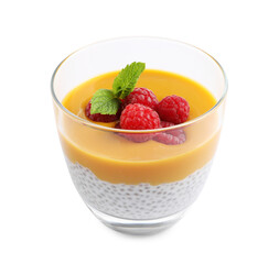 Delicious chia pudding with mango sauce and raspberries on white background
