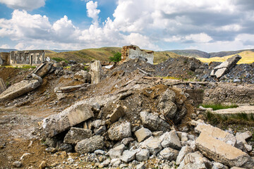 Destroyed and abandoned buildings of the city after the war, bombing or earthquakes, Apocalypse Dead city, ruins, evacuation.