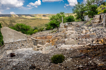 Destroyed and abandoned buildings of the city after the war, bombing or earthquakes, Apocalypse Dead city, ruins, evacuation.