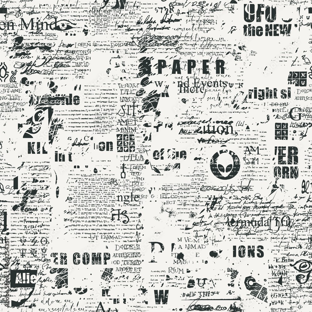 Poster abstract seamless pattern with fragments of handwritten scribbles, typescript and newspaper headline