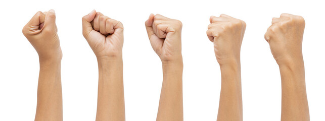 Set woman's hands with fist gesture isolated white background doing protest and revolution gesture, fist expressing force and power