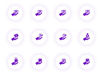 hand and money purple color vector icons on light round buttons with purple shadow. hand and money icon set for web, mobile apps, ui design and print