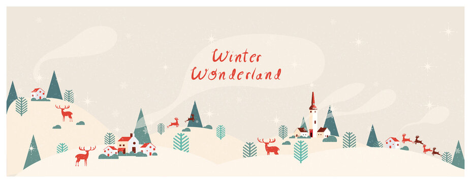 Panoramic vector illustration of winter wonderland in pastel beige background.The cute small village in Christmas day with snow.Deer or anilope happy and joyful.Minimal winter landscape.
