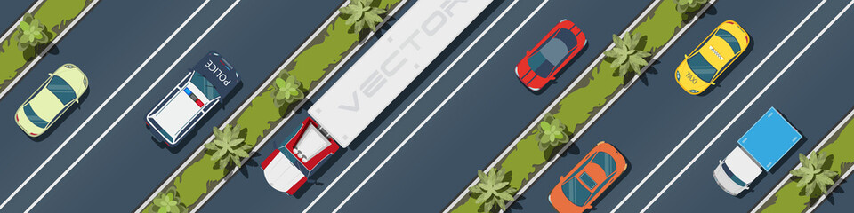 Naklejka premium Cars, buses, trucks on the road .City transport top view .Highway.vector illustration.