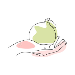 Hand holding a Christmas decoration ball. Hand drawn vector illustration in line art style, isolated on a white background.