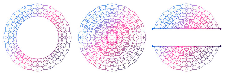 Set of flower mandalas. Split pattern in form of mandala for Henna Mehndi or tattoo decoration. Decorative ornament in ethnic oriental style, vector illustration.	