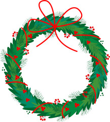 A green wreath. Illustration of Christmas and Happy New Year with a Christmas wreath. Festive decor on a white background.