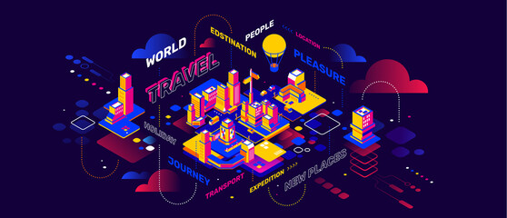 Vector illustration of neon color night city street with light on dark sky background with word and cloud. Isometric style design