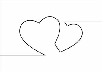Continuous line drawing two hearts, Black and white vector of love concept
