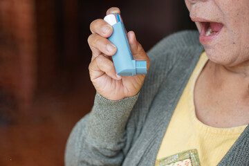 Fototapeta premium Female senior patient uses blue asthma inhaler for relief asthma. Concept : Health care at home. Pharmaceutical products for treatment symptoms of asthma or COPD. Use under prescription. 
