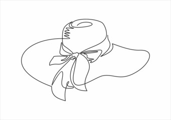Woman`s summer hat isolated on white background- continuous line drawing