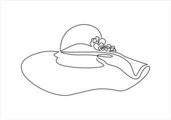 Woman`s summer hat isolated on white background- continuous line drawing