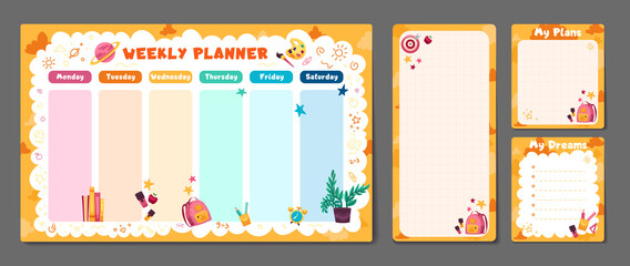 Cute set of printable weekly or daily planner, note paper design, school timetable, scheduler and organizer template and to do list.
