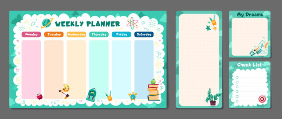 Cute set of printable weekly or daily planner, note paper design, school timetable, scheduler and organizer template and to do list.