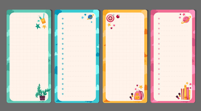 Kids stationery set with memo planners, to-do lists with cute illustrations, template for planners, day agenda, checklists.