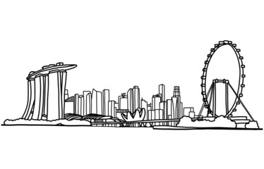 singapore cityscape skyline outline doodle drawing on white background.