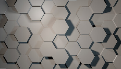 Fototapeta premium Abstract hexagon geometry background. 3d render of simple primitives with six angles in front. Dark lighting.